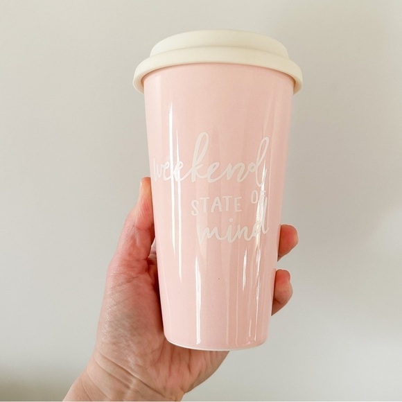 Weekend State Of Mind Pastel Pink White Ceramic Coffee Travel Mug - Picture 1 of 7